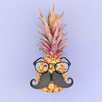 Funny yellow pineapple face with mustache and eyeglasses on pink background. Smart face or back to school concept